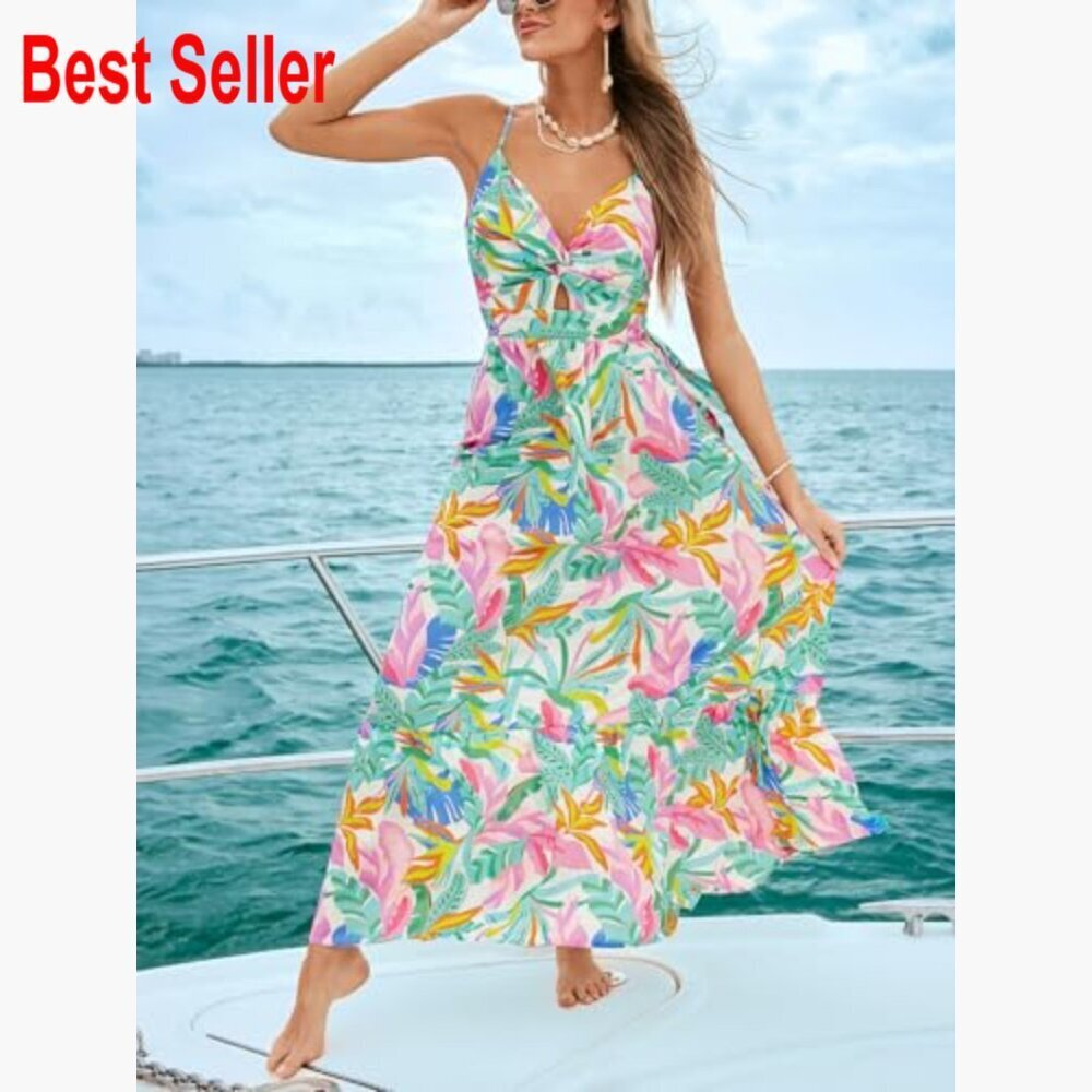 Maxi Dress with V-Neck, Sleeveless, Self Tie Back, 100% Rayon - Picture 2 of 6